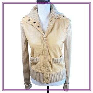Pleather Knit BCBGMAXAZRIA‎ Jacket Beige Ribbed Sweater Trim Fitted Moto Chic